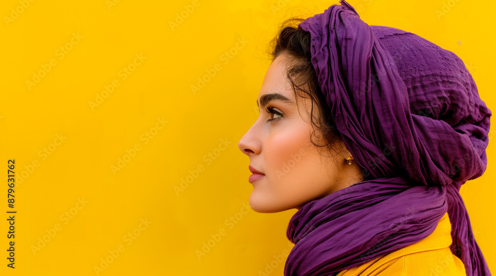 Side profile portrait of a woman with purple scarf on her head, yellow seamless background Side profile portrait of a woman with purple scarf on her head, yellow seamless background