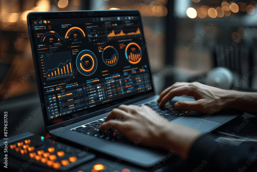 Businessman using laptop for business analytics with data graphs charts ...