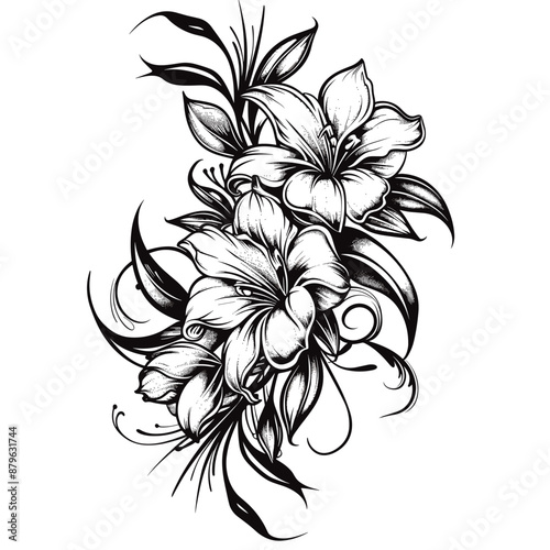 Wallpaper Mural A black and white drawing of two flowers with a leafy stem. The drawing has a calm and peaceful mood Torontodigital.ca