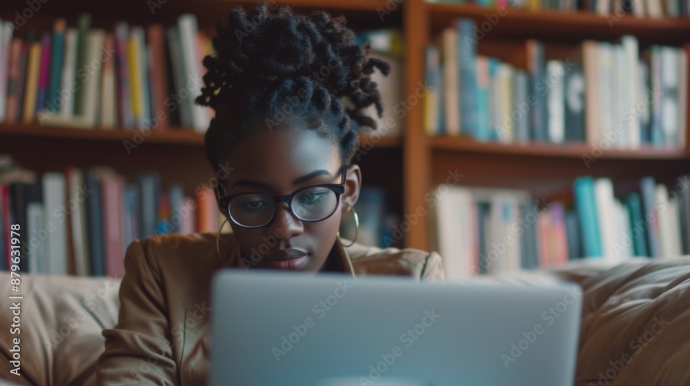 An African American student participating in an online class An African American student participating in an online class