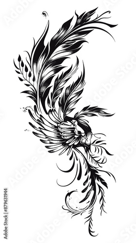 A black and white drawing of a bird with a feathery tail. The drawing is very detailed and has a lot of intricate lines. The bird is depicted as a symbol of freedom and grace