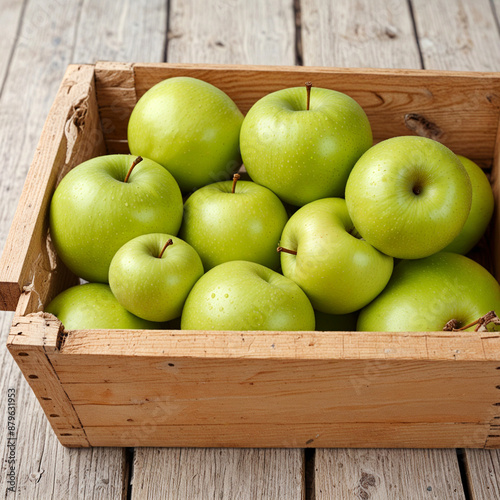 Green apples in wooden box, on natural background