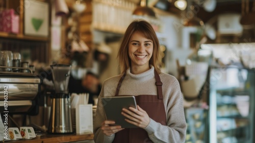 A cafe owner standing by the entrance with a tablet