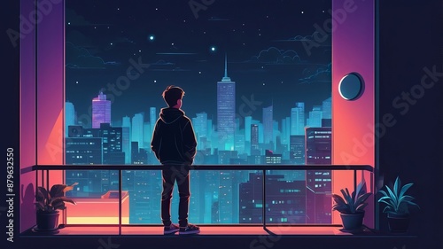 Lofi standing at balcony looking at city night lights, bedroom with neon accents, Generative AI	
