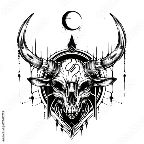 A skull with horns and a moon in the background. The skull is surrounded by a circle and has a skull on it