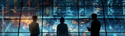 Business professionals analyzing data on a large screen in a modern office overlooking a city at night with illuminated graphs.