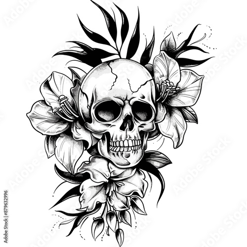 A skull with flowers surrounding it. The skull is black and white and the flowers are pink. The skull is surrounded by a lot of flowers, which gives the image a peaceful and calming feel