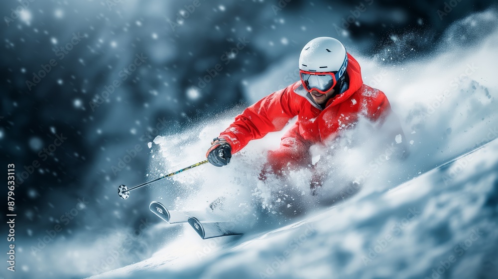 A skier in a red jacket navigates through snow on a mountain slope, creating a dynamic spray of snow in the midst of a winter sports activity. A skier in a red jacket navigates through snow on a mountain slope, creating a dynamic spray of snow in the midst of a winter sports activity.