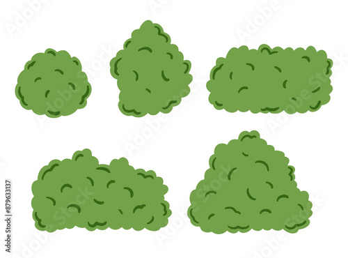 Vector image of various green bushes in different shapes and sizes. Ideal for landscape design, nature-themed illustrations, or garden-related projects. simple, collection, set, green bushes design.