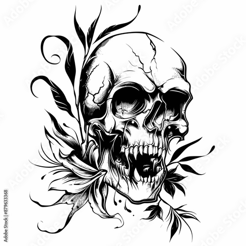 A skull with a flower on it. The skull has a menacing look to it, and the flower adds a touch of beauty to the otherwise scary image