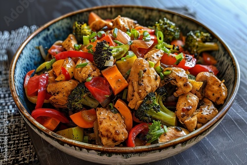 Delicious and healthy chicken stir fry with vegetables in a bowl photo