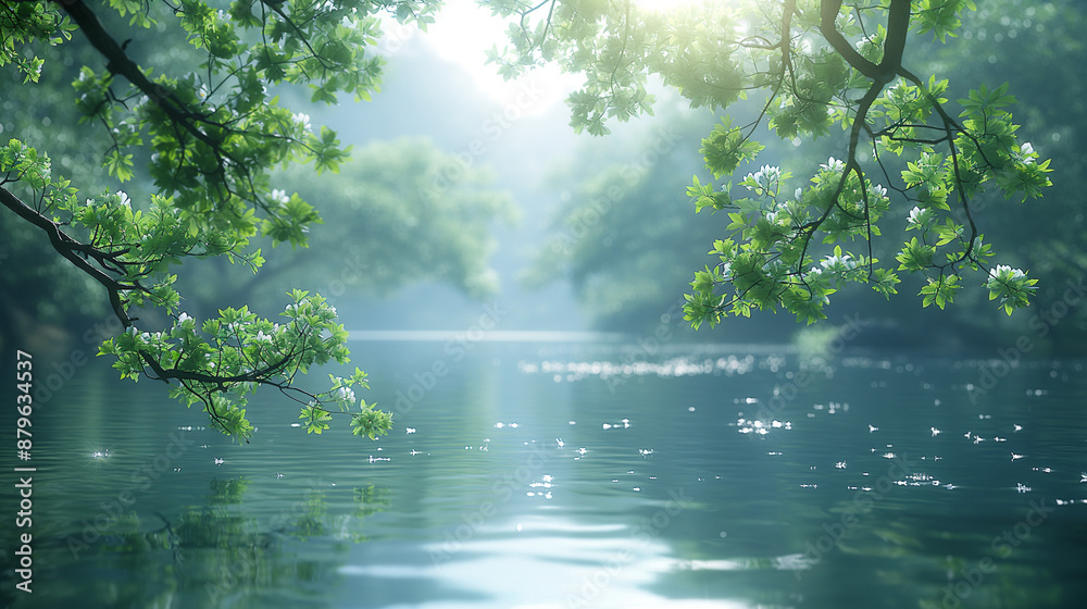 hyper realistic nature photography image of the maple branches with green leaves over the river, style raw, hyper realistic nature photography image of the maple branches with green leaves over the river, style raw,