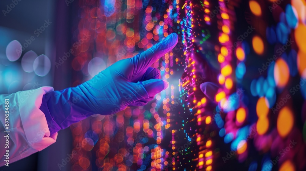 Hand with glove interacting with colorful LED lights Hand with glove interacting with colorful LED lights