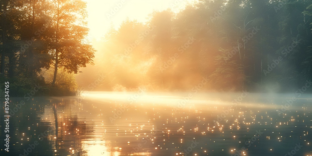 Naklejka premium a body of water surrounded by trees and fog.