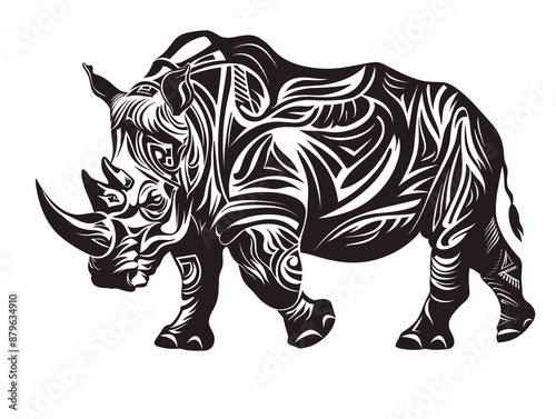 A rhino with a long horn is walking on a white background. The rhino is the main focus of the image, and the white background emphasizes its black and white coloring. The image has a bold