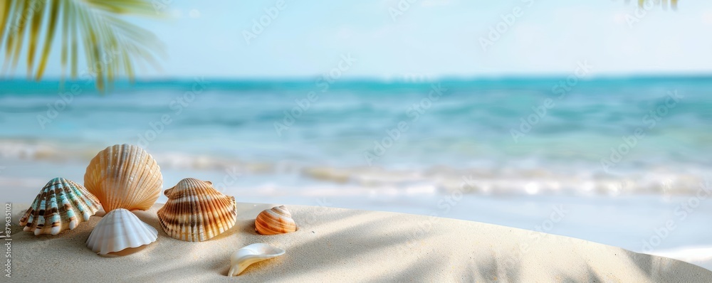 Assortment of seashells on tropical beach sand with ocean waves and palm tree shadows, creating a peaceful seaside setting. Assortment of seashells on tropical beach sand with ocean waves and palm tree shadows, creating a peaceful seaside setting.