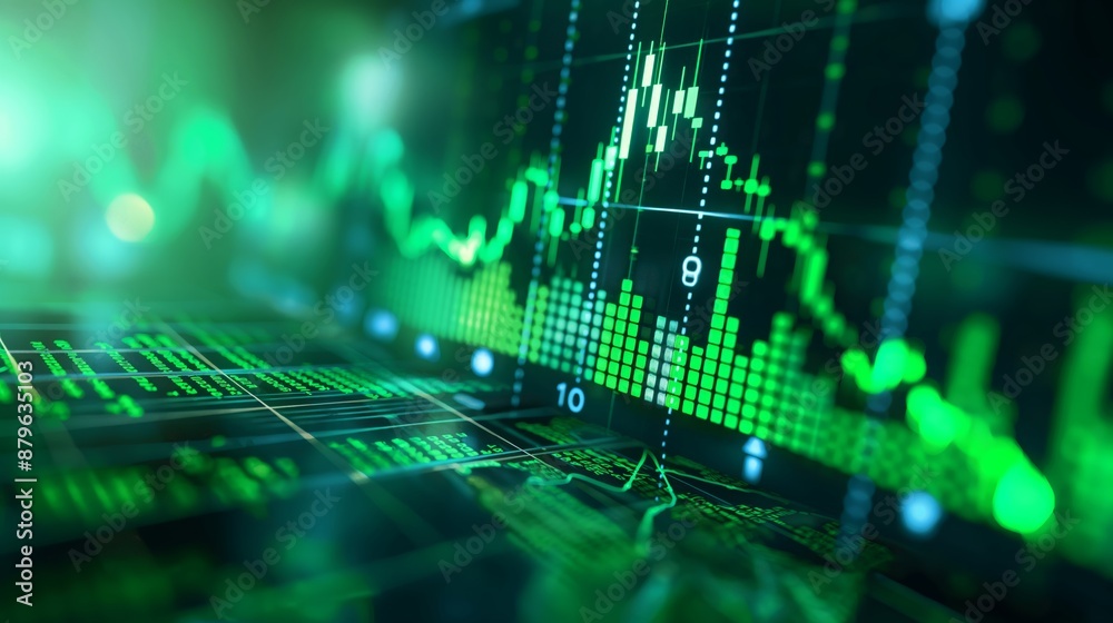 Obraz premium Dynamic stock market data visualization with green line graph indicating market trends, financial gain, and investment analysis.