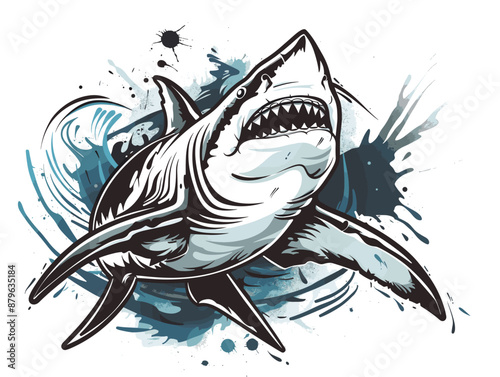 A shark is shown with its mouth open, surrounded by splashes of blue and white paint. Concept of power and danger, as the shark is a formidable predator in the ocean