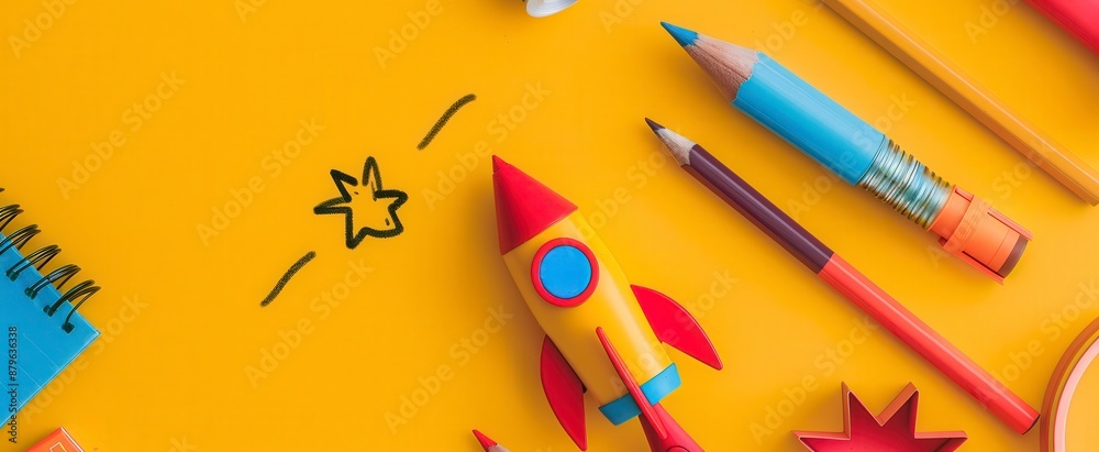 A yellow background with a rocket and pencils on it A yellow background with a rocket and pencils on it