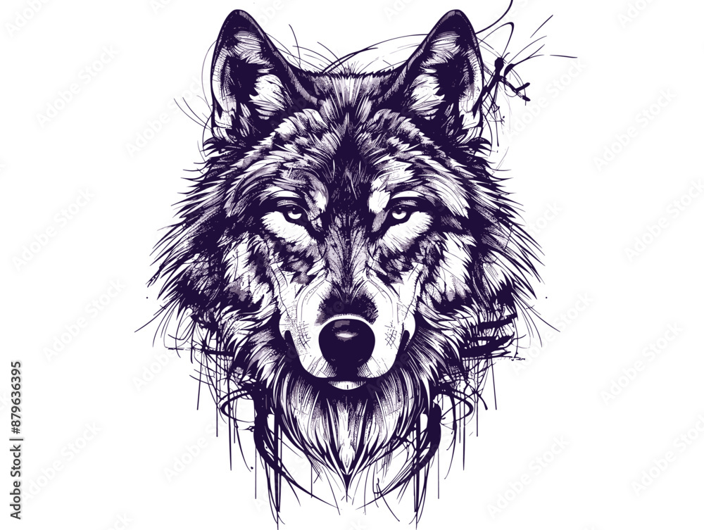 A wolf drawing with a very dark color. The wolf has a very fierce look on its face A wolf drawing with a very dark color. The wolf has a very fierce look on its face