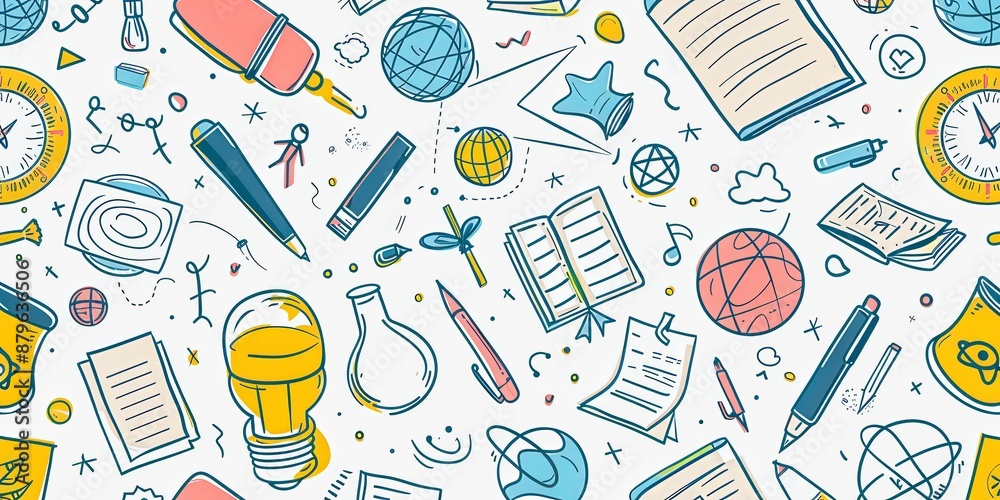 A colorful drawing of various school supplies and books A colorful drawing of various school supplies and books