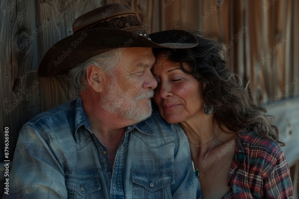 Portrait of a tender multiethnic couple in their 50s wearing a rugged cowboy hat in rustic wooden wall Portrait of a tender multiethnic couple in their 50s wearing a rugged cowboy hat in rustic wooden wall