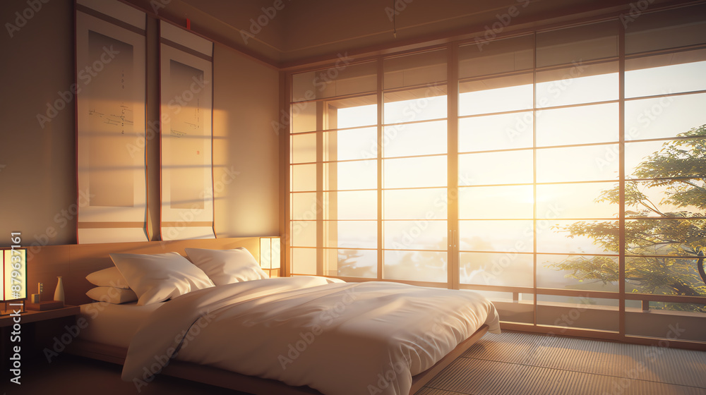 Obraz premium Japanese bedroom with futon bedding, shoji screens, and wooden furniture, traditional Japanese, restful sleep