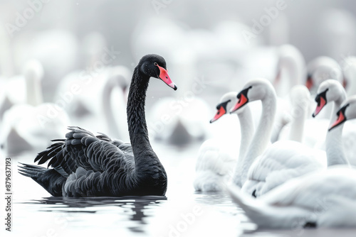 Fototapeta Naklejka Na Ścianę i Meble -  Black swan among white, different unique special leader identity, crowd leadership