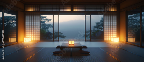 Japanese living space with a kotatsu table, tatami mats, and paper lanterns, traditional Japanese, warm ambiance