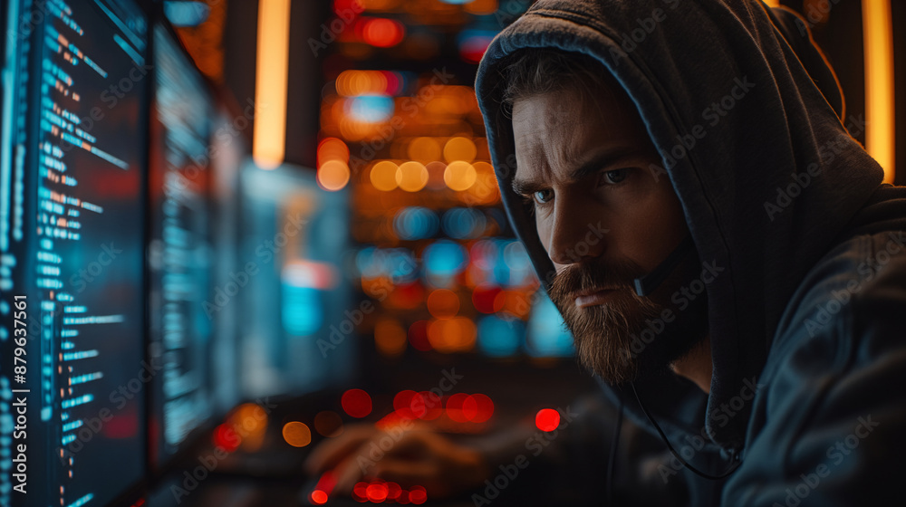 Obraz premium Focused Programmer in Hooded Jacket Writing Code in a High-Tech Environment