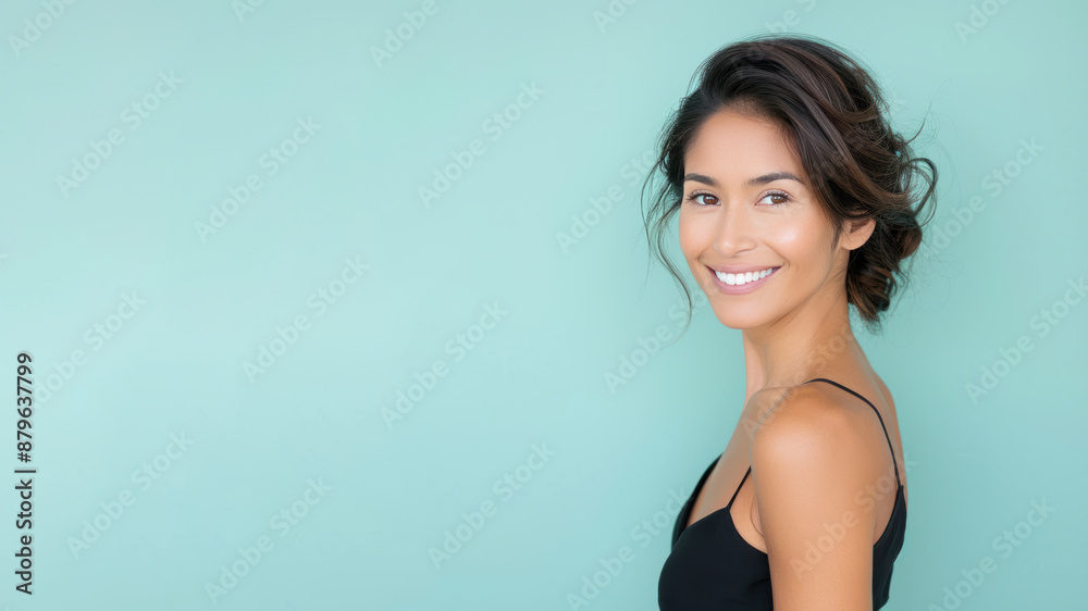 Hispanic fashionable woman in black sundress happy lifestyle isolated Hispanic fashionable woman in black sundress happy lifestyle isolated