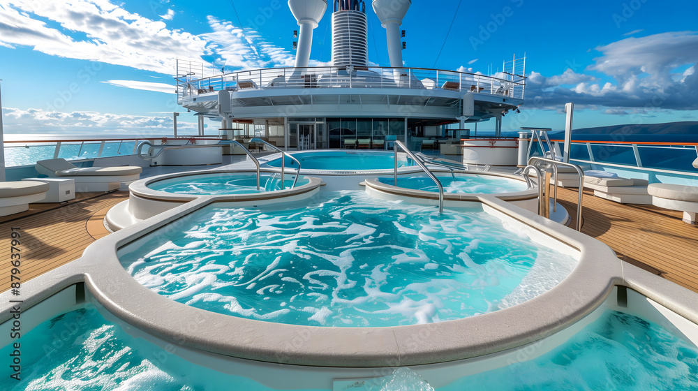 Εκτύπωση καμβά Des jacuzzis et une piscine sur le pont d'un bateau de croisière, entourés de chaises longues