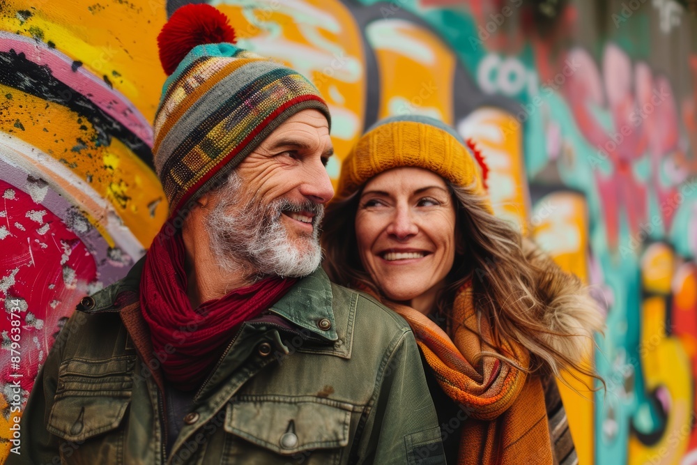 Portrait of a glad couple in their 50s sporting a trendy beanie isolated on colorful graffiti wall Portrait of a glad couple in their 50s sporting a trendy beanie isolated on colorful graffiti wall