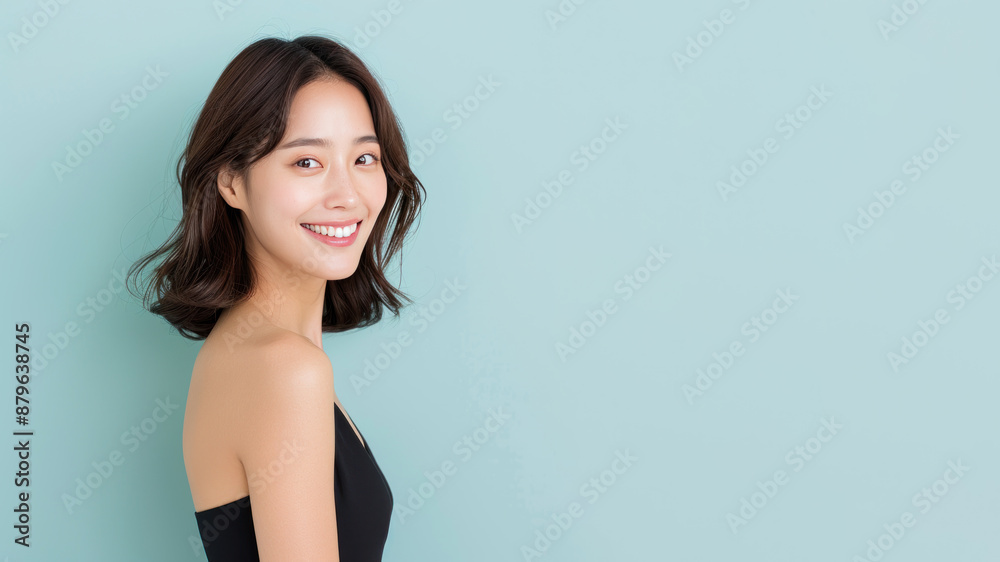 Korean fashionable woman in black sundress happy lifestyle isolated Korean fashionable woman in black sundress happy lifestyle isolated