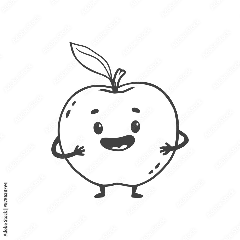 Cute cartoon apple with smile isolated on white background. Funny character apple in doodle style. Vector illustration Cute cartoon apple with smile isolated on white background. Funny character apple in doodle style. Vector illustration