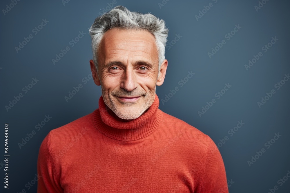 Portrait of a glad man in his 50s wearing a cozy sweater on solid color backdrop Portrait of a glad man in his 50s wearing a cozy sweater on solid color backdrop