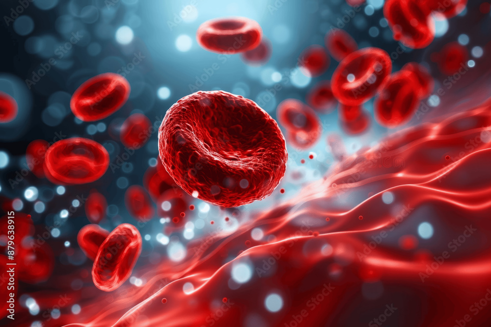 Fototapeta premium Red Blood Cells Flowing in Veins Close-Up Medical Background Electron Microscopy Scientific Illustration