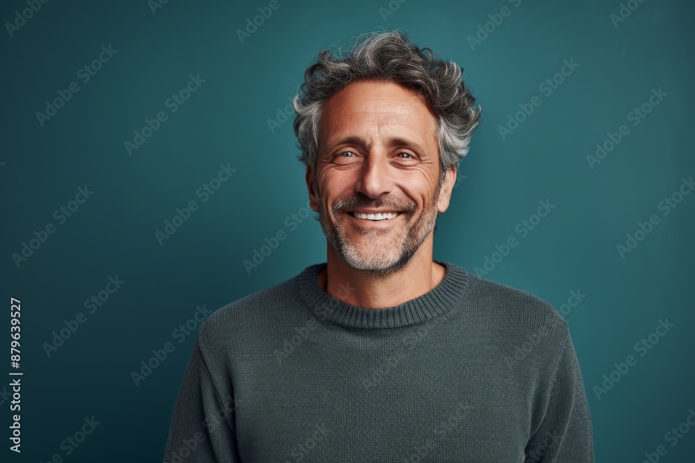Portrait of a blissful man in his 50s wearing a cozy sweater on solid color backdrop Portrait of a blissful man in his 50s wearing a cozy sweater on solid color backdrop