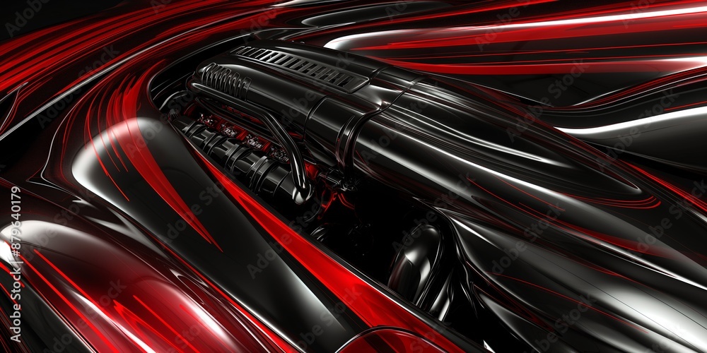 Closeup of shiny black and red car engine, modern automotive engineering detail, automotive concept Closeup of shiny black and red car engine, modern automotive engineering detail, automotive concept