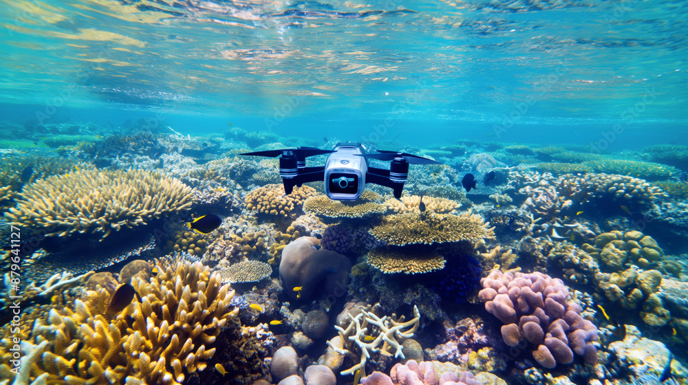 Obraz premium Underwater drone exploring a vibrant coral reef with diverse marine life in clear waters.