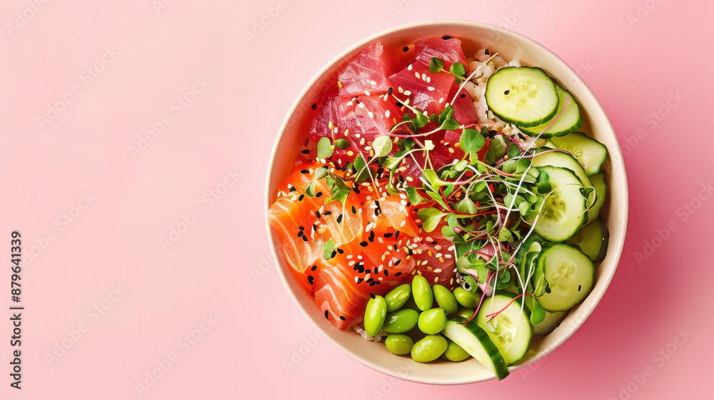 Fresh colorful poke bowl with salmon, tuna, edamame, cucumber, and microgreens on a pink background