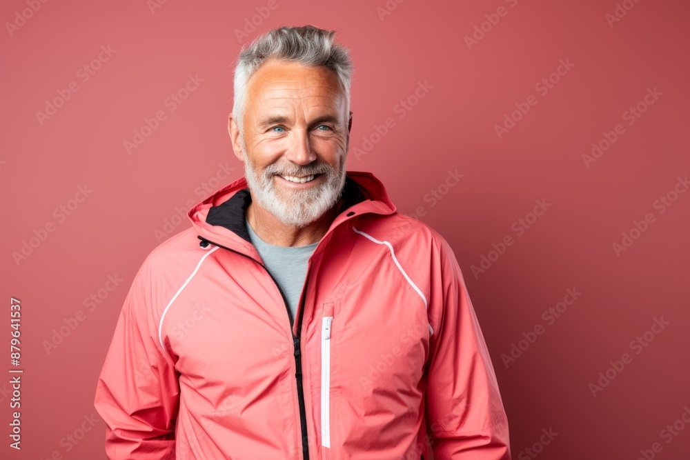 Portrait of a satisfied man in his 60s wearing a functional windbreaker while standing against solid color backdrop Portrait of a satisfied man in his 60s wearing a functional windbreaker while standing against solid color backdrop
