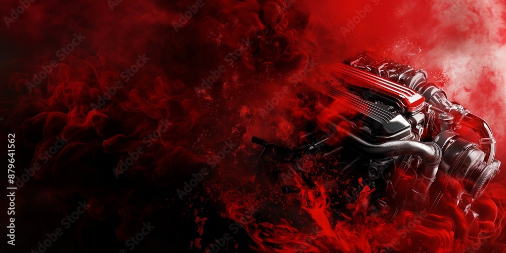 Fototapeta premium Powerful engine enveloped in an intense red smoke depicting speed and power concept