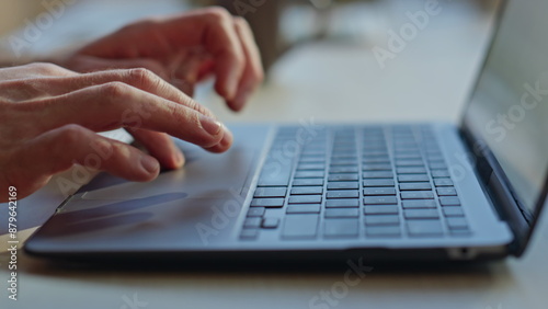 Man hands typing keyboard laptop computer in office closeup. Man fingers working