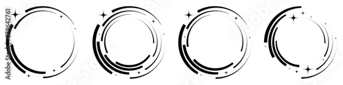 Abstract geometric design featuring a circle swirl shape with spiral lines and stars. Radial spinning halftone form. For posters, banners, logos, icons. Vector illustration.