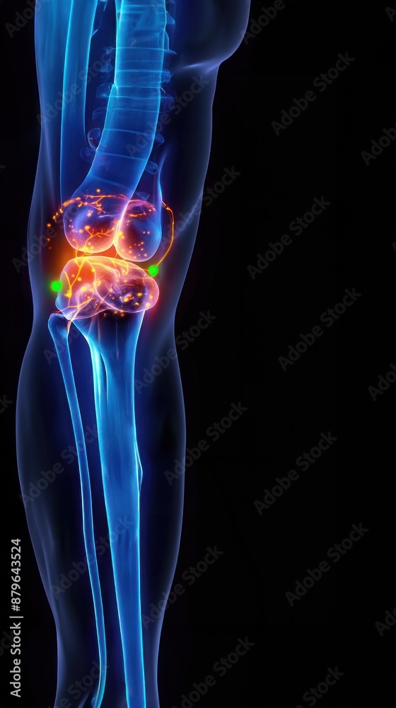Knee joint with glowing pain points depicted blue orange colors healthcare knee pain Knee joint with glowing pain points depicted blue orange colors healthcare knee pain