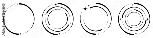 Abstract geometric design in the shape of a circle with black spiral lines. Radial rotating halftone shape. For posters, banners, logos, badges. Vector illustration.