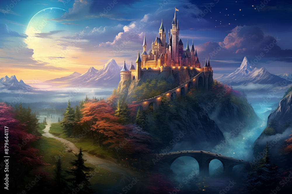 Fototapeta premium Magic Fairy Tale Castle in a Fantasy Landscape. 3D Rendering