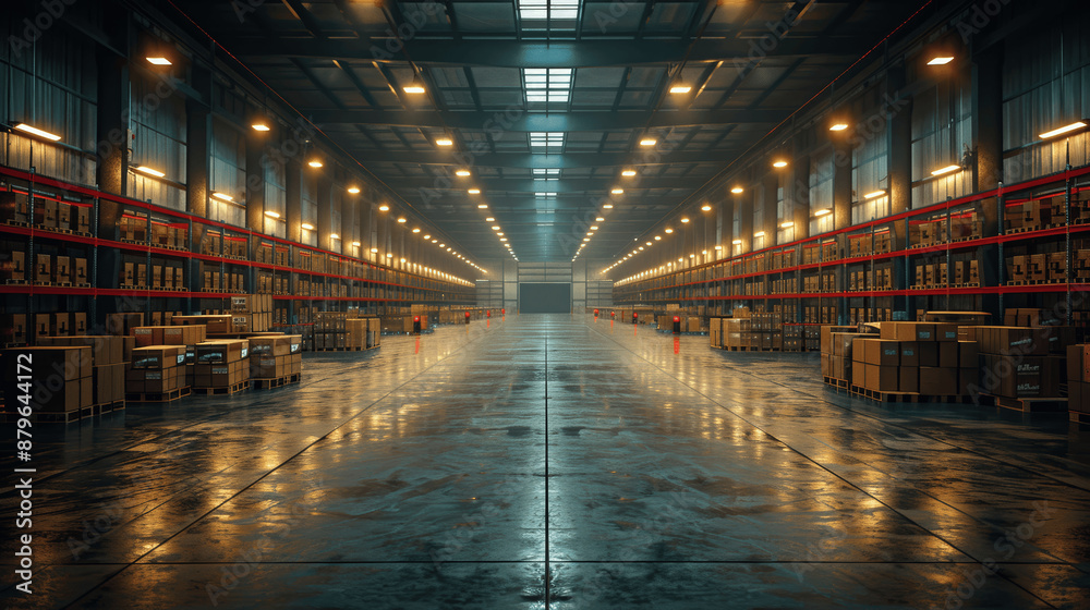 Warehouse with shelves full of goods in cartons on pallets, forklifts, logistics and transportation, product distribution center, shipping, industrial storage, delivering packages, retail stock Warehouse with shelves full of goods in cartons on pallets, forklifts, logistics and transportation, product distribution center, shipping, industrial storage, delivering packages, retail stock