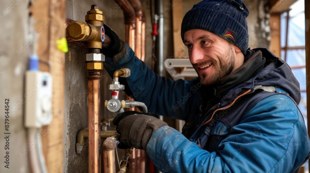 Professional engineer installing a natural gas boiler at home, he is checking the pipes. Professional engineer installing a natural gas boiler at home, he is checking the pipes.
